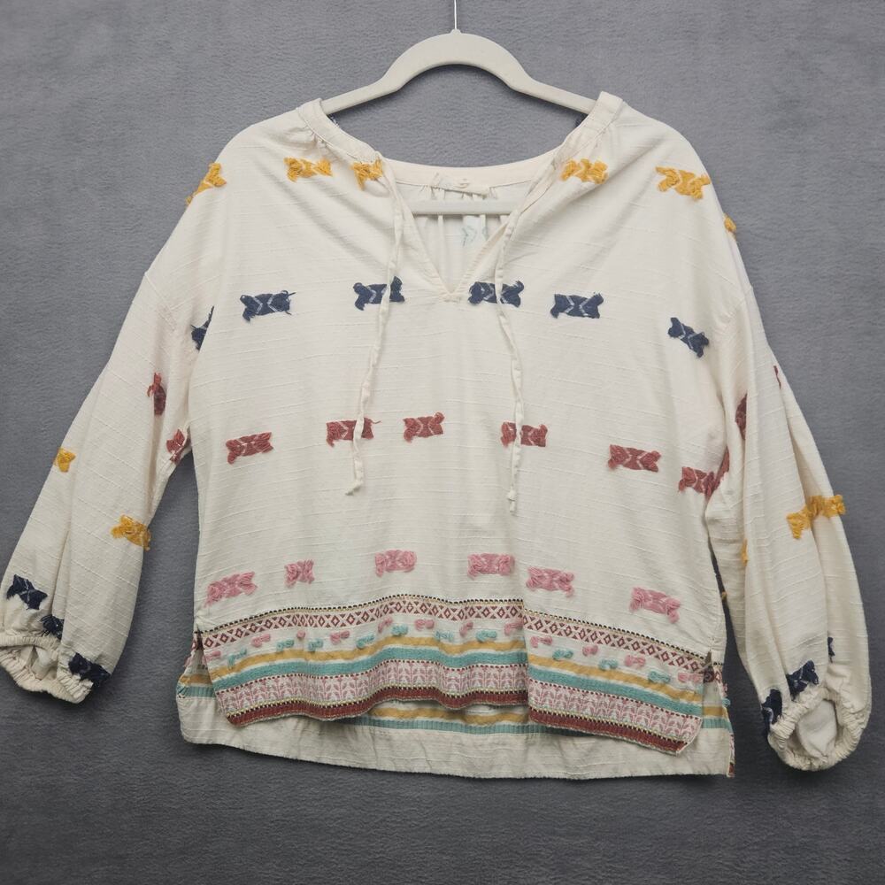 Lou & Grey Loft Cotton Embroidered Boho Peasant Blouse Cream Tribal Top S